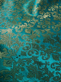 Emerald Green & Gold Leaves Damask - Faux Silk Brocade Jacquard Fabric