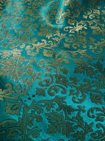 Emerald Green & Gold Leaves Damask - Faux Silk Brocade Jacquard Fabric