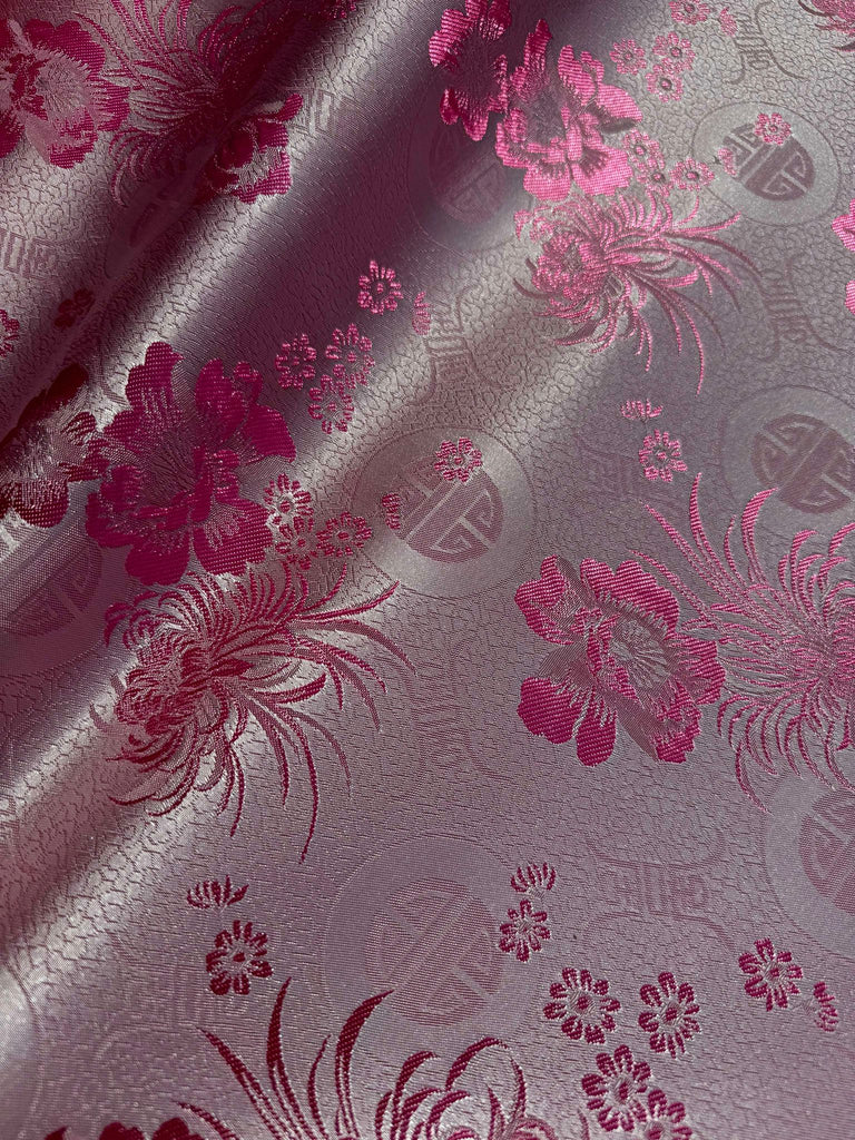 Pink on White Floral Medallions - Faux Silk Brocade Jacquard Fabric