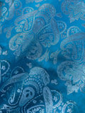 Turquoise Blue & Silver Damask Paisley - Faux Silk Brocade Jacquard Fabric