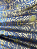 Gold with Blue Peacock Feathers - Faux Silk Brocade Jacquard Fabric