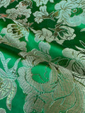 Large Kelly Green & Gold Flowers - Faux Silk Brocade Jacquard Fabric