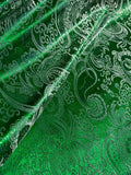 Emerald Green & Silver Paisley - Faux Silk Brocade Jacquard Fabric