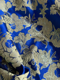 Large Royal Blue & Gold Flowers - Faux Silk Brocade Jacquard Fabric