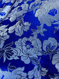 Royal Blue with Silver Flowers - Faux Silk Brocade Jacquard Fabric