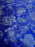 Royal Blue & Silver Paisley Floral- Faux Silk Brocade Jacquard Fabric