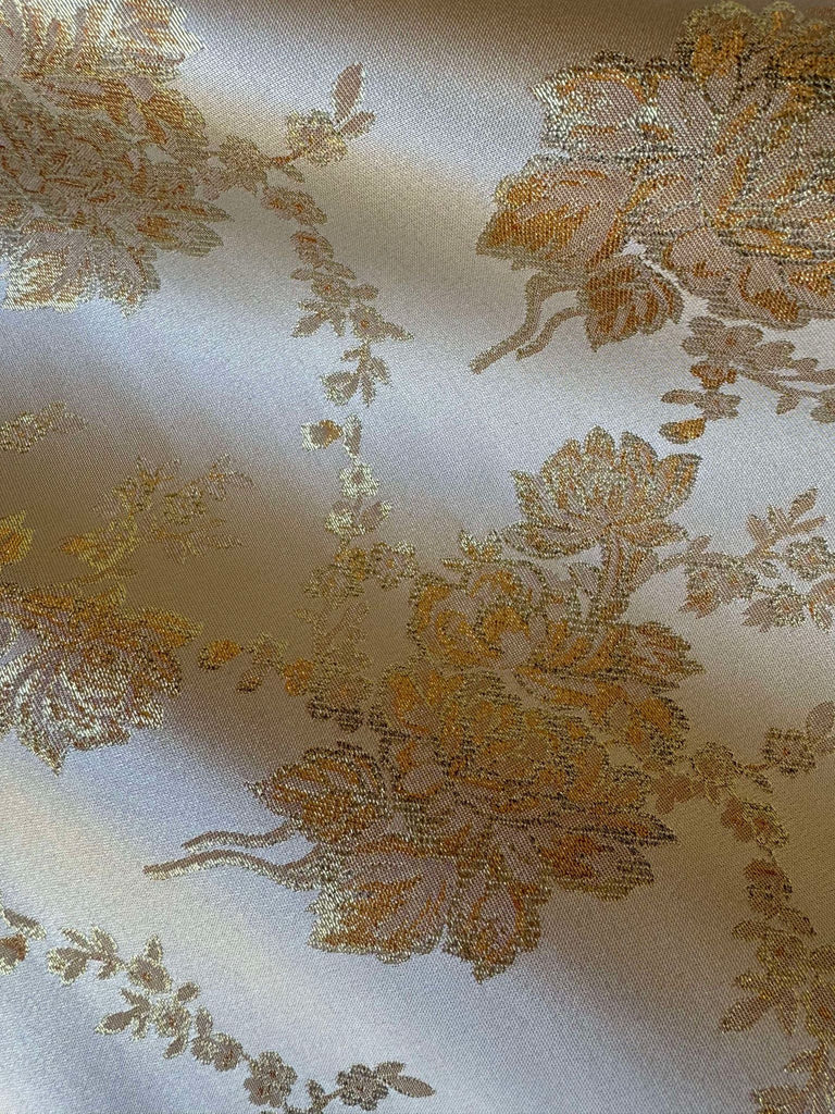 Cream & Gold Roses Floral - Faux Silk Brocade Jacquard Fabric