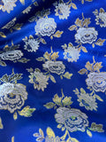 Royal Blue with Gold Flowers - Faux Silk Brocade Jacquard Fabric