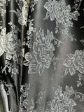 Black & Silver Gray Roses Floral - Faux Silk Brocade Jacquard Fabric