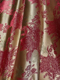 Gold with Red Poinsettia Christmas Floral - Faux Silk Brocade Jacquard Fabric