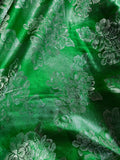 Kelly Green & Silver Floral - Faux Silk Brocade Jacquard Fabric