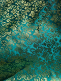 Emerald Green & Gold Leaves Damask - Faux Silk Brocade Jacquard Fabric