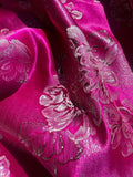 Fuchsia Pink & Silver Large Floral - Faux Silk Brocade Jacquard Fabric