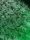 Emerald Green & Silver Paisley - Faux Silk Brocade Jacquard Fabric