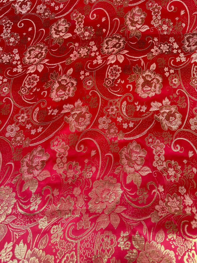 Red & Gold Paisley Floral- Faux Silk Brocade Jacquard Fabric