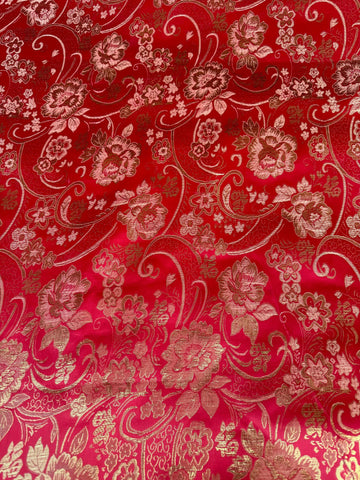 Red & Gold Paisley Floral- Faux Silk Brocade Jacquard Fabric