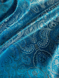 Turquoise Blue & Silver Damask Paisley - Faux Silk Brocade Jacquard Fabric