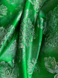 Kelly Green & Silver Floral - Faux Silk Brocade Jacquard Fabric