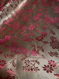 Champagne, Pink & Gold Flowers on Stems - Faux Silk Brocade Jacquard Fabric