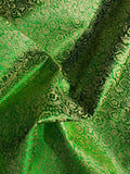 Kelly Green & Gold Small Floral - Faux Silk Brocade Jacquard Fabric