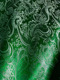 Emerald Green & Silver Paisley - Faux Silk Brocade Jacquard Fabric