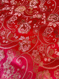 Red & Gold Paisley Floral- Faux Silk Brocade Jacquard Fabric