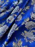 Royal Blue with Gold Flowers - Faux Silk Brocade Jacquard Fabric