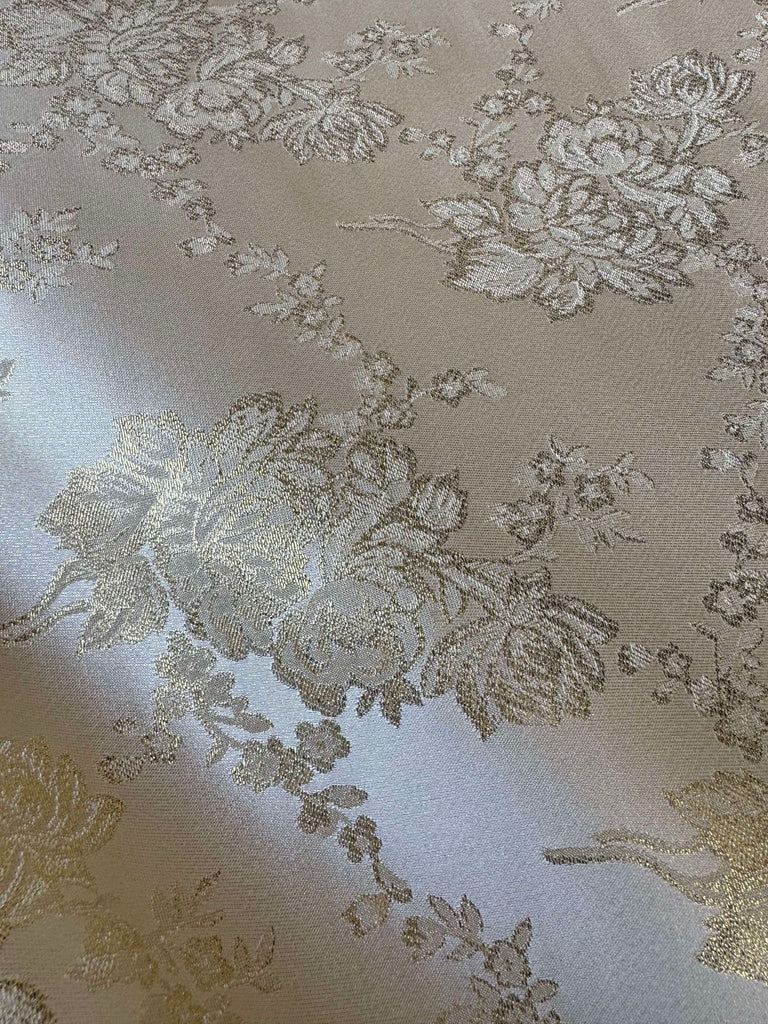 Ivory & Pale Gold Roses Floral - Faux Silk Brocade Jacquard Fabric