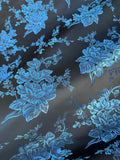 Black & Blue Roses Floral - Faux Silk Brocade Jacquard Fabric