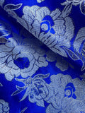 Royal Blue with Silver Flowers - Faux Silk Brocade Jacquard Fabric