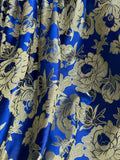 Large Royal Blue & Gold Flowers - Faux Silk Brocade Jacquard Fabric