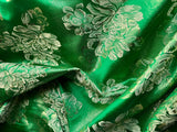 Emerald Green & Gold Roses Floral - Faux Silk Brocade Jacquard Fabric