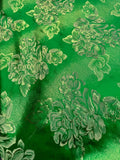 Emerald Green & Gold Roses Floral - Faux Silk Brocade Jacquard Fabric