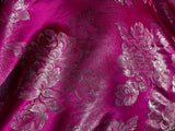 Fuchsia Pink & Silver Large Floral - Faux Silk Brocade Jacquard Fabric