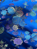 Royal Blue w/ Multi Colored Flowers - Faux Silk Brocade Jacquard Fabric