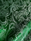 Emerald Green & Silver Paisley - Faux Silk Brocade Jacquard Fabric