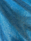 Turquoise Blue & Silver Small Paisley - Faux Silk Brocade Jacquard Fabric