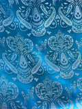 Turquoise Blue & Silver Damask Paisley - Faux Silk Brocade Jacquard Fabric