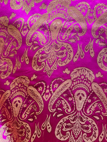 Fuchsia Pink & Gold Damask Paisley - Faux Silk Brocade Jacquard Fabric