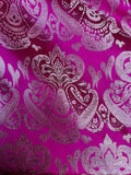 Fuchsia Pink & Silver Damask Paisley - Faux Silk Brocade Jacquard Fabric