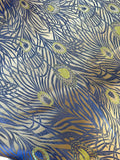 Gold with Blue Peacock Feathers - Faux Silk Brocade Jacquard Fabric