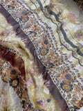 Beaded Brown Gold Copper Rust Boho Floral Stripe - Crinkle Silk Chiffon Fabric