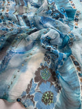 Beaded Blue Boho Floral Stripe - Crinkle Silk Chiffon Fabric