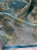 Iridescent Blue/Gold Embroidered Sunbursts Silk & Metal Organza Fabric