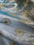 Iridescent Blue/Gold Embroidered Sunbursts Silk & Metal Organza Fabric