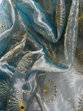 Iridescent Blue/Gold Embroidered Sunbursts Silk & Metal Organza Fabric