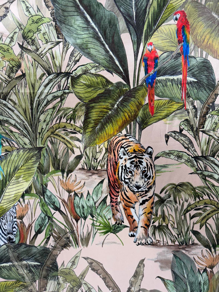 Jungle Print Tiger & Parrots - Stretch Silk Charmeuse Fabric