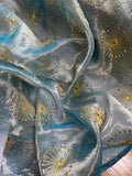 Iridescent Blue/Gold Embroidered Sunbursts Silk & Metal Organza Fabric