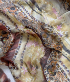 Beaded Brown Gold Copper Rust Boho Floral Stripe - Crinkle Silk Chiffon Fabric