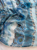 Beaded Blue Boho Floral Stripe - Crinkle Silk Chiffon Fabric